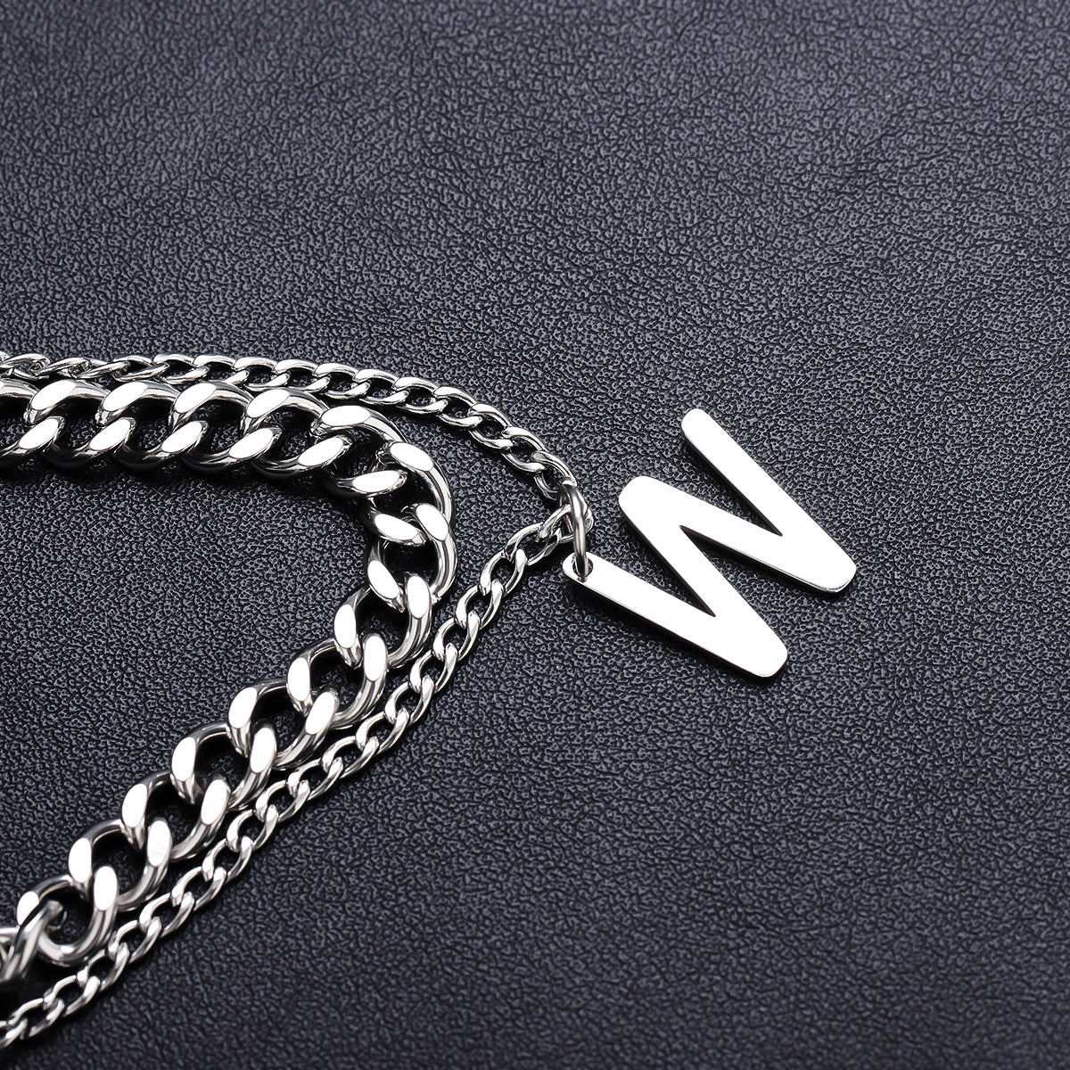 Silver double chain necklace with W pendant