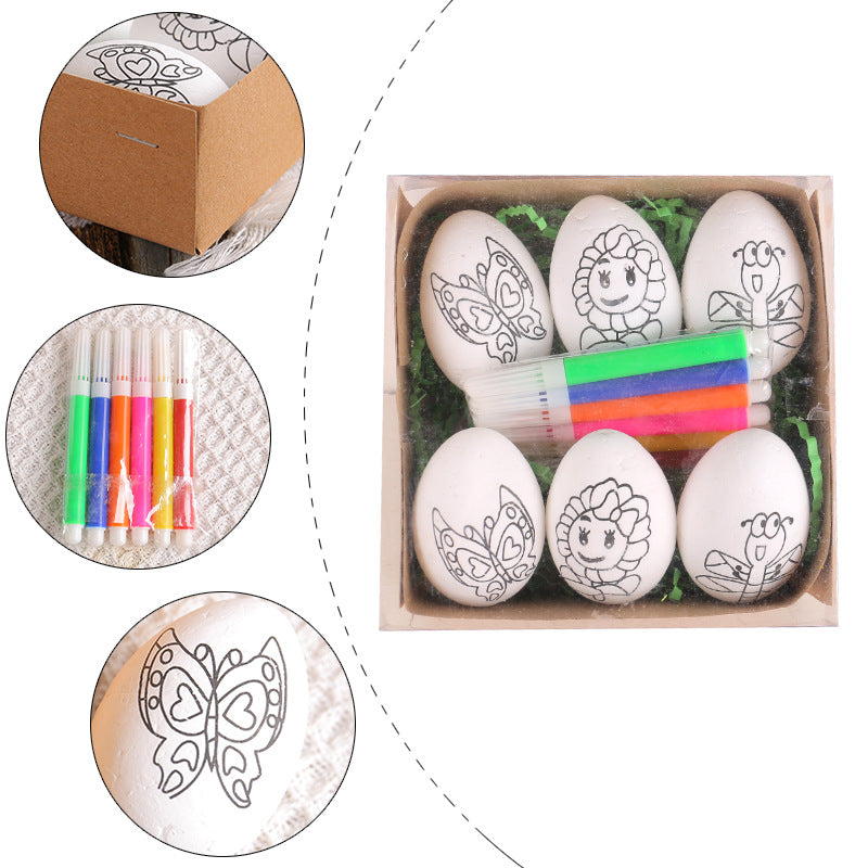 Close-up of an Easter egg painting kit featuring five white eggs with printed butterfly and flower designs, along with six colored markers.
