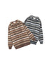 Product flat lay showing two color options of striped textured zip hoodies in brown earth tones and grey neutral tones against white background