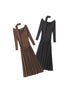Product layout of two maxi dresses in brown and black colorways, featuring off-shoulder design, ruched bodice, and gathered skirt