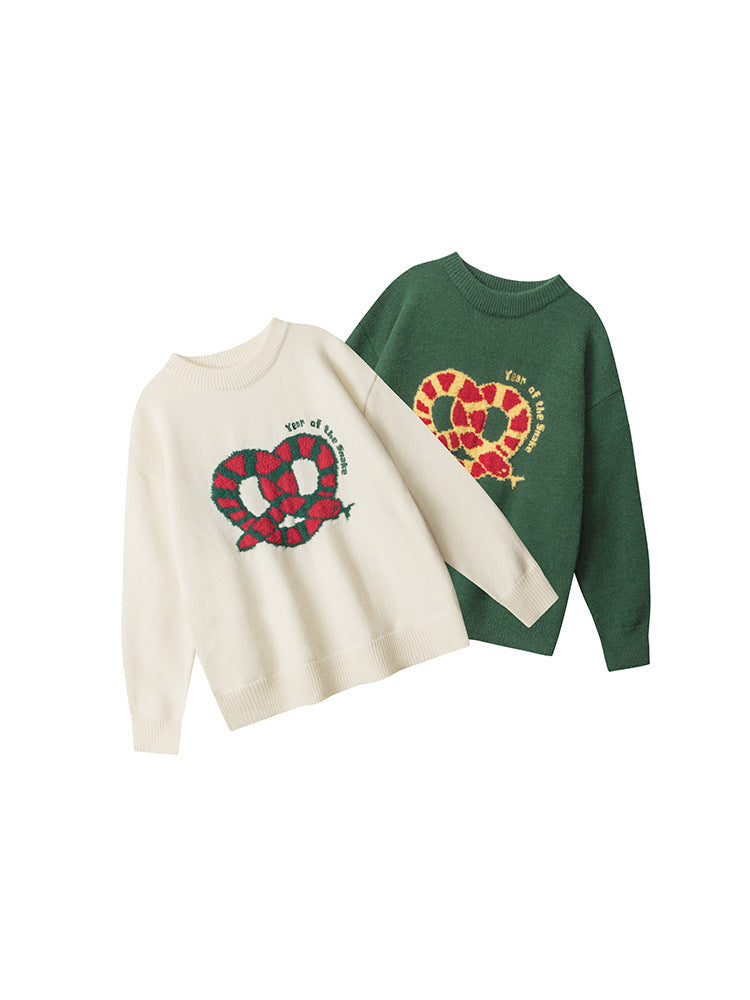 Product layout showing sweaters in white and forest green colorways with matching pretzel designs