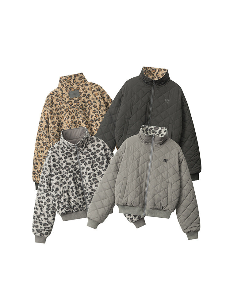 Four reversible bomber jackets displayed together showing leopard print and quilted solid options in various colors including tan, gray and black against white backdrop