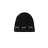 Black knit beanie with three pearl-studded bow decorations in a slightly looser style
