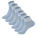 Six-pack of light blue ankle socks with white striped ribbed cuffs, displayed in a row against white background