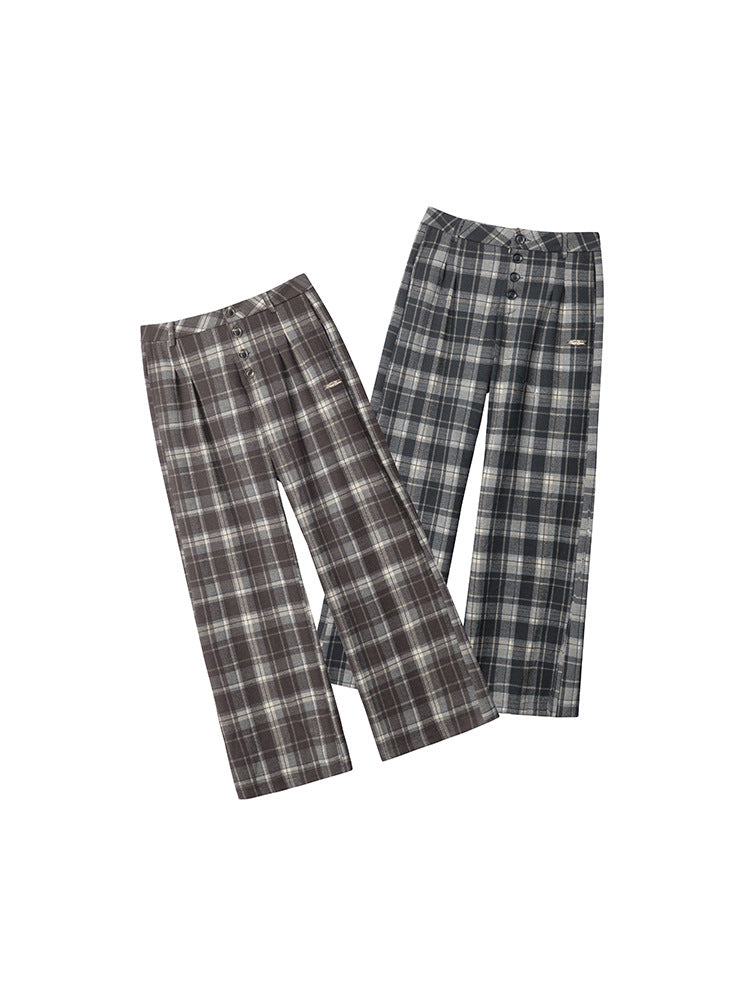 Product layout showing plaid pants in brown and black colorways