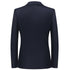 Back view of navy blue blazer showing sleek silhouette with three-button sleeve detail at cuffs