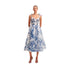 Floral organza midi dress with bustier bodice, sweetheart neckline, and full skirt in blue and white print