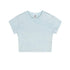 Flat-lay of a plain pastel blue cropped tee with a washed texture and a relaxed fit