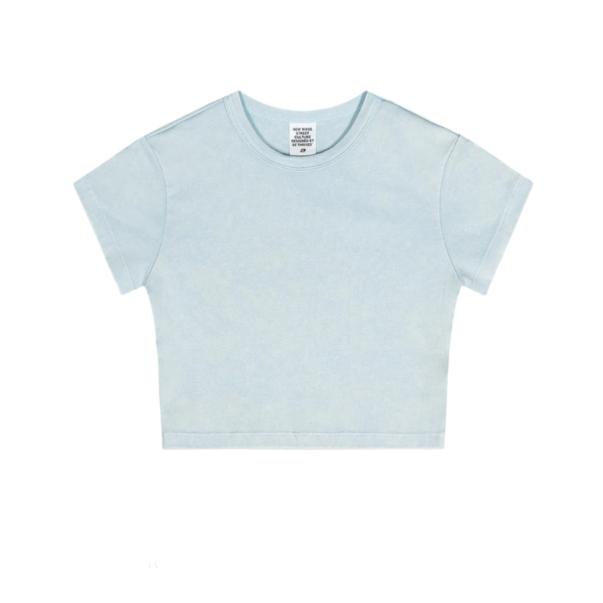Flat-lay of a plain pastel blue cropped tee with a washed texture and a relaxed fit