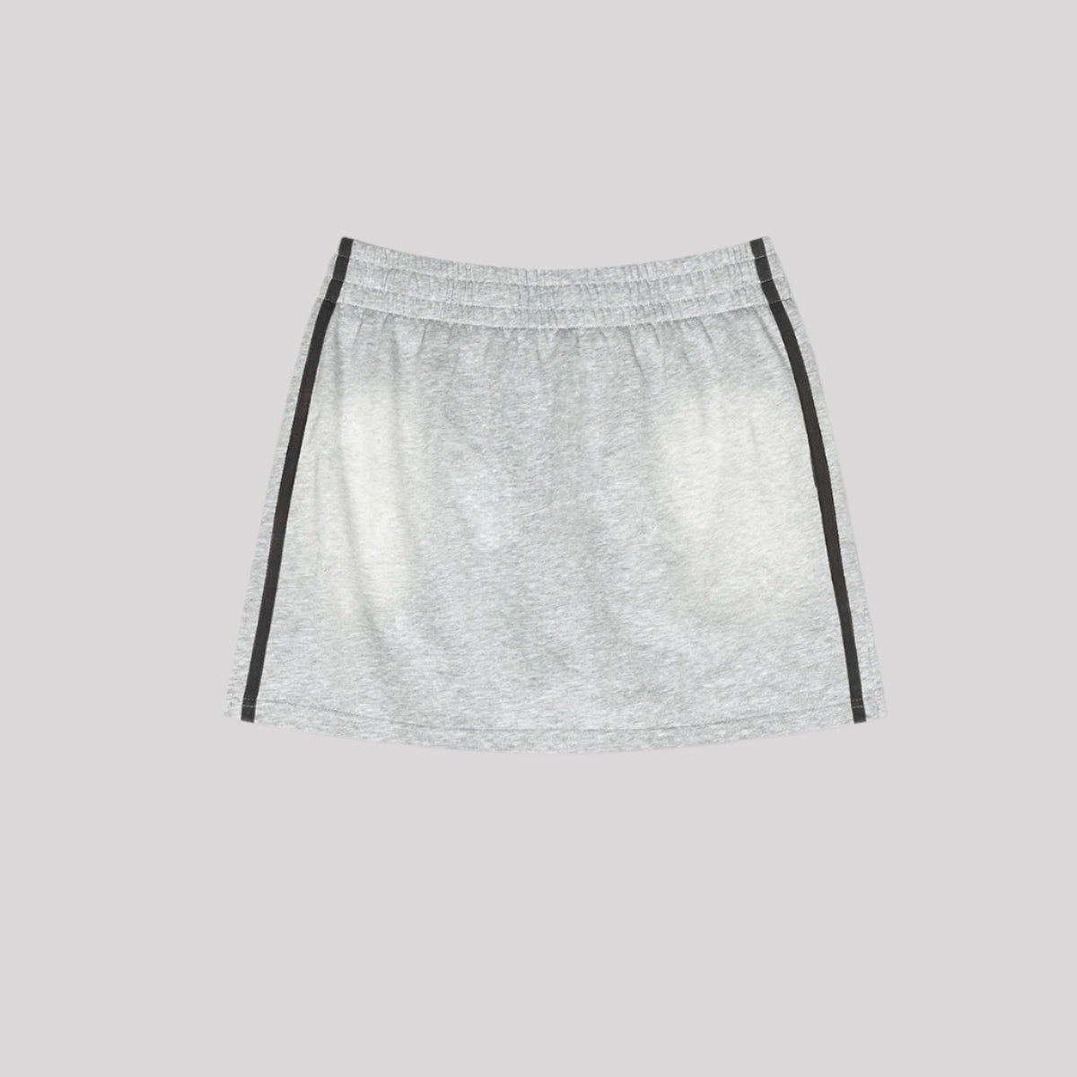 Light heather gray mini skirt with black side stripes and elastic waistband displayed flat against light gray background