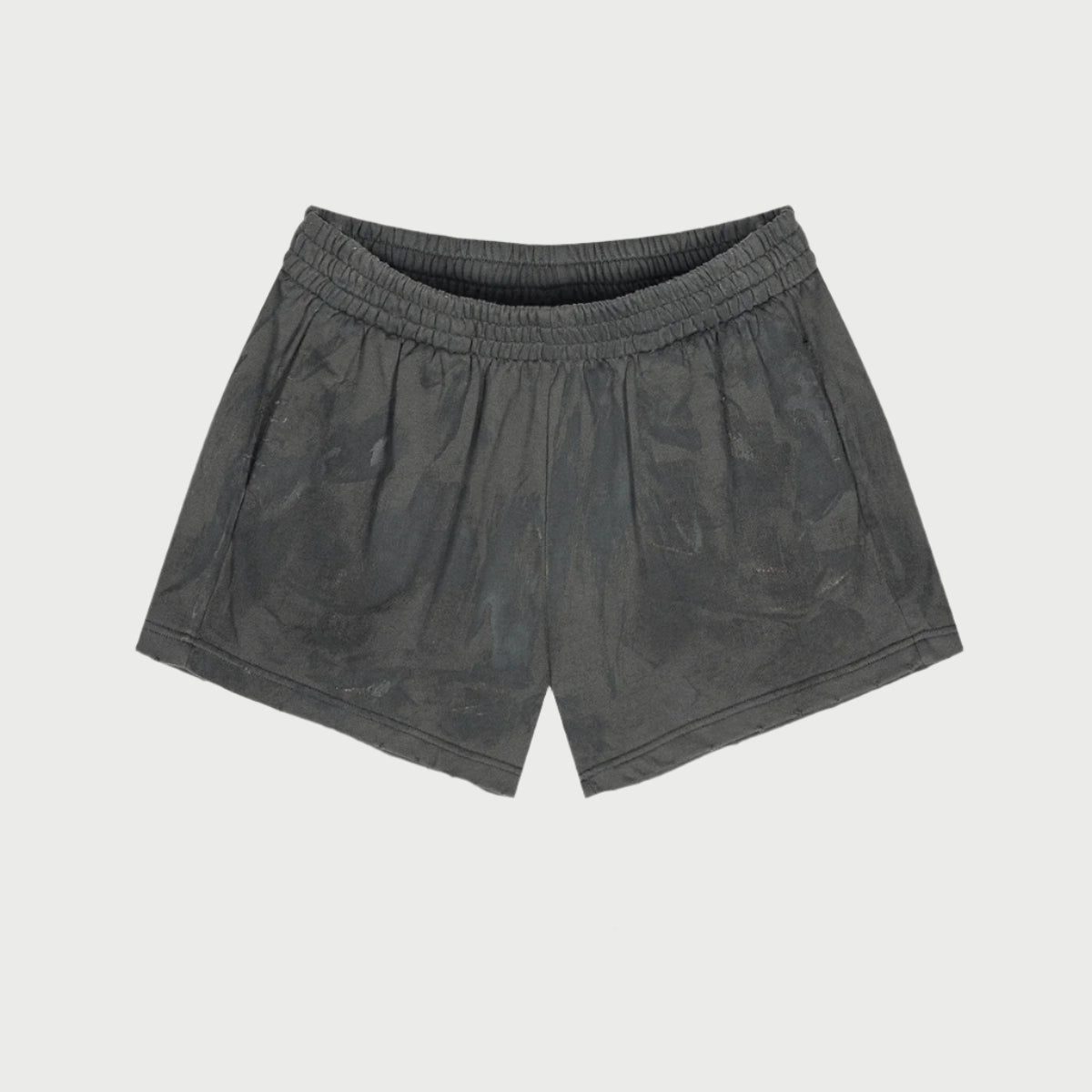 Dark gray athletic shorts with elastic waistband displayed flat against white background