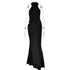 Black floor-length halter dress with form-fitting bodice and draped skirt, displayed on a mannequin with transparent arms