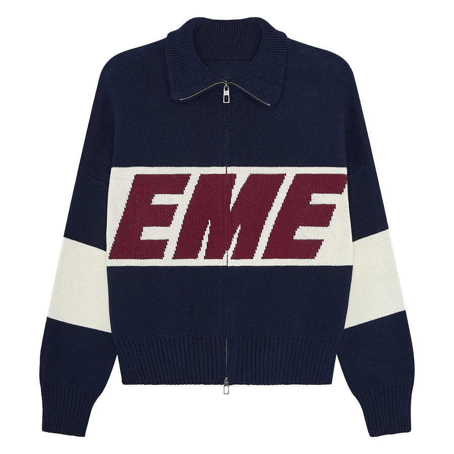 Retro Jacquard Letter Zip Up Sweater – Sporty Colorblock Knit Cardigan