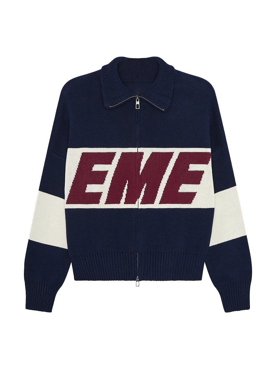 Retro Jacquard Letter Zip Up Sweater – Sporty Colorblock Knit Cardigan