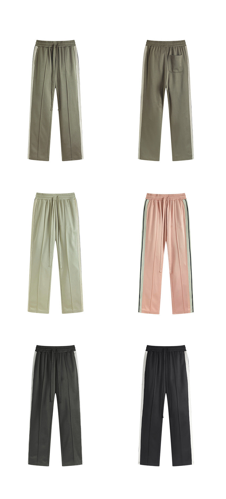 Green, beige, black wide-leg pants with side stripes displayed