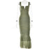 An olive green ruched bodycon dress with sweetheart neckline and tiered hem displayed on transparent mannequin against white background