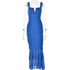 A royal blue ruched midi dress with cutout detail and tiered hem shown on transparent mannequin against white background