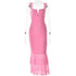A pink ruched bodycon dress with sweetheart neckline and sheer tiered hem displayed on transparent mannequin against white background