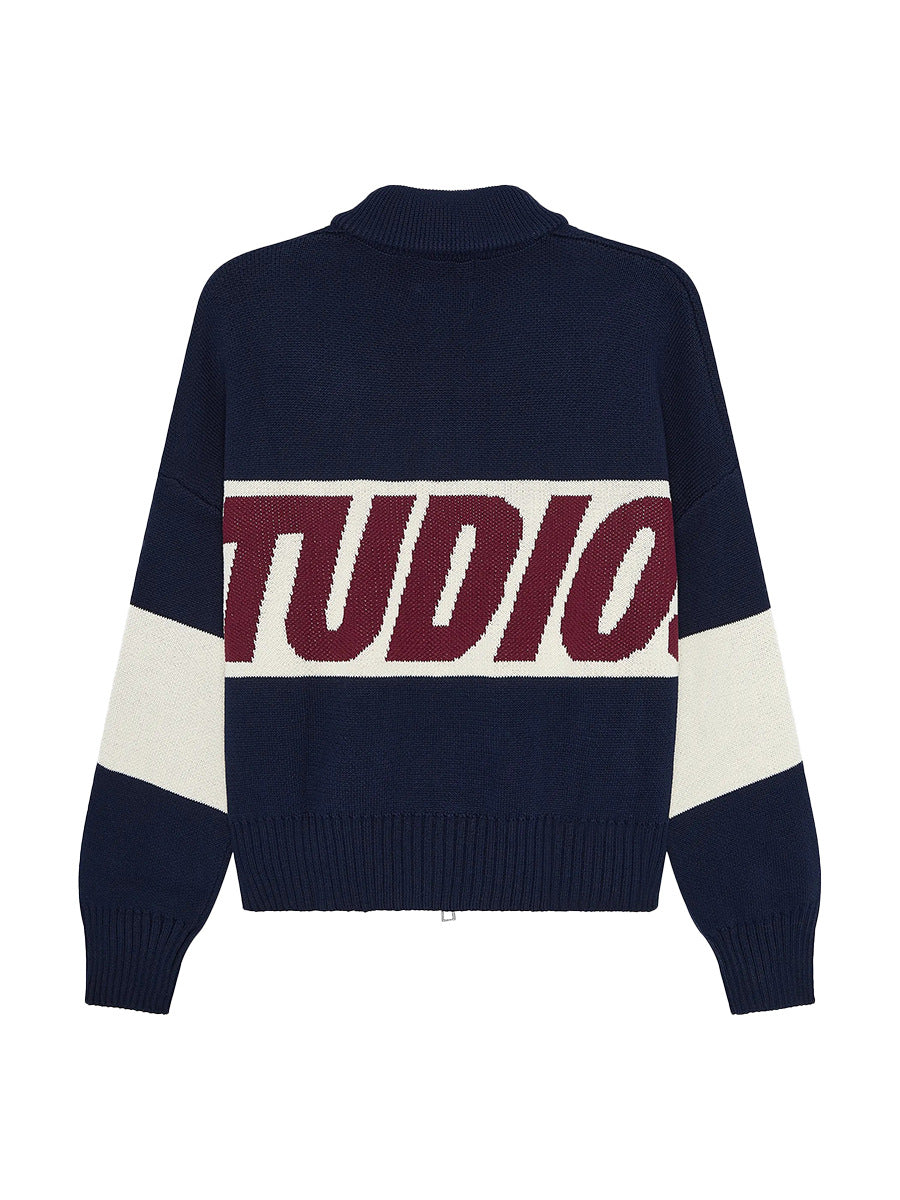 Retro Jacquard Letter Zip Up Sweater – Sporty Colorblock Knit Cardigan