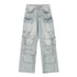 Light wash distressed cargo jeans with multiple utility pockets and drawstring details displayed flat against white background