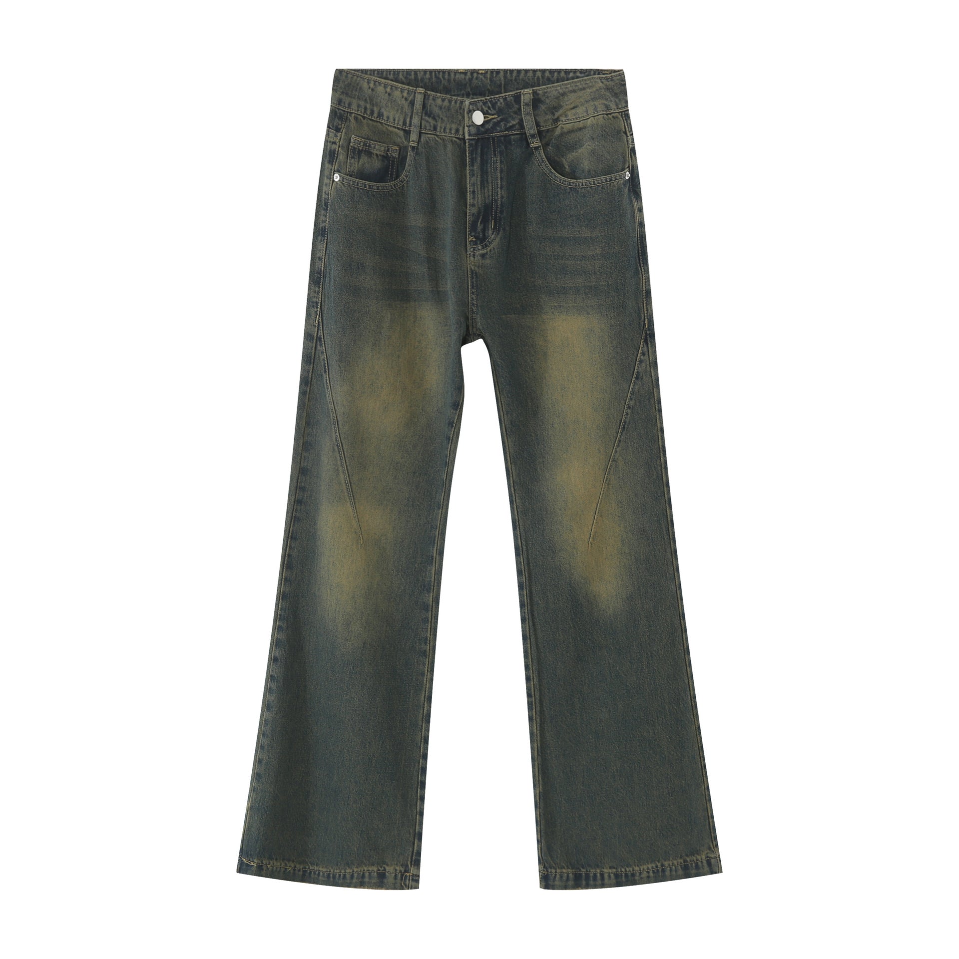 Flat lay of olive-green wide-leg jeans showing distinctive curved seam pattern, faded wash effect and classic five-pocket