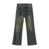 Flat lay of olive-green wide-leg jeans showing distinctive curved seam pattern, faded wash effect and classic five-pocket