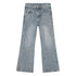 Light blue wide-leg jeans with subtle faded wash pattern and diagonal seam details in flat product photography