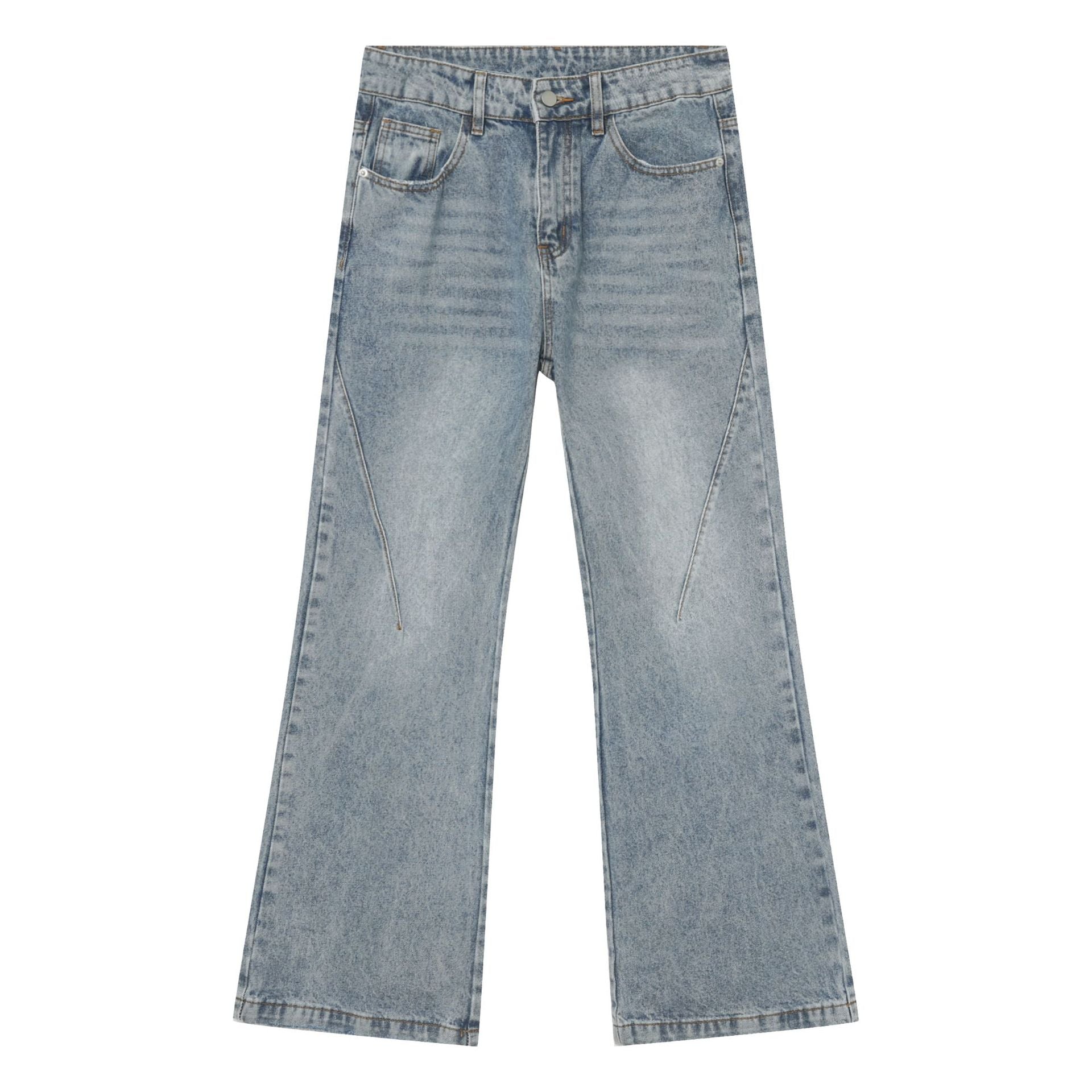 Light blue wide-leg jeans with subtle faded wash pattern and diagonal seam details in flat product photography