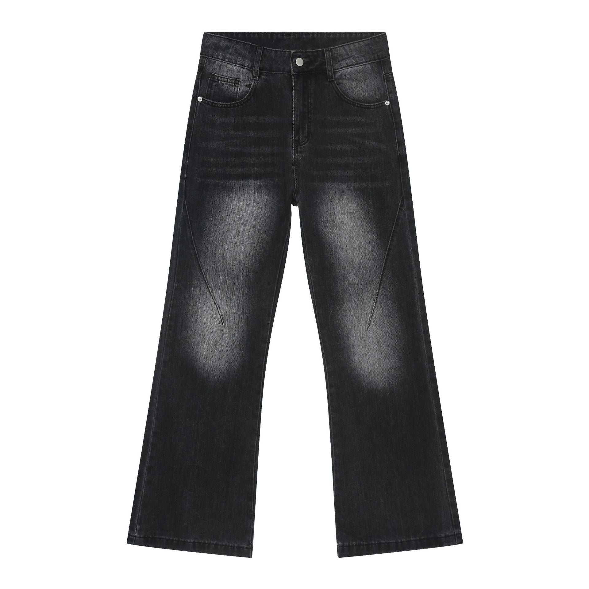 Dark wash wide-leg jeans with center faded effect and classic five-pocket styling presented in product photography 