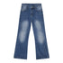 Medium blue wide-leg jeans featuring distinctive center fading pattern and diagonal seam details