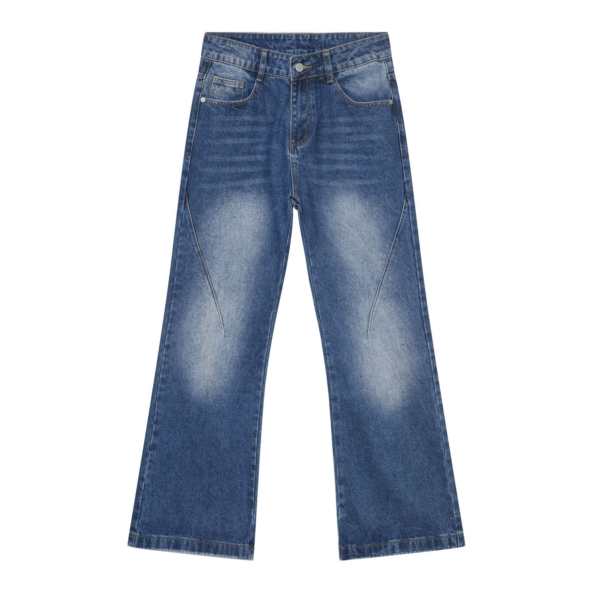 Medium blue wide-leg jeans featuring distinctive center fading pattern and diagonal seam details