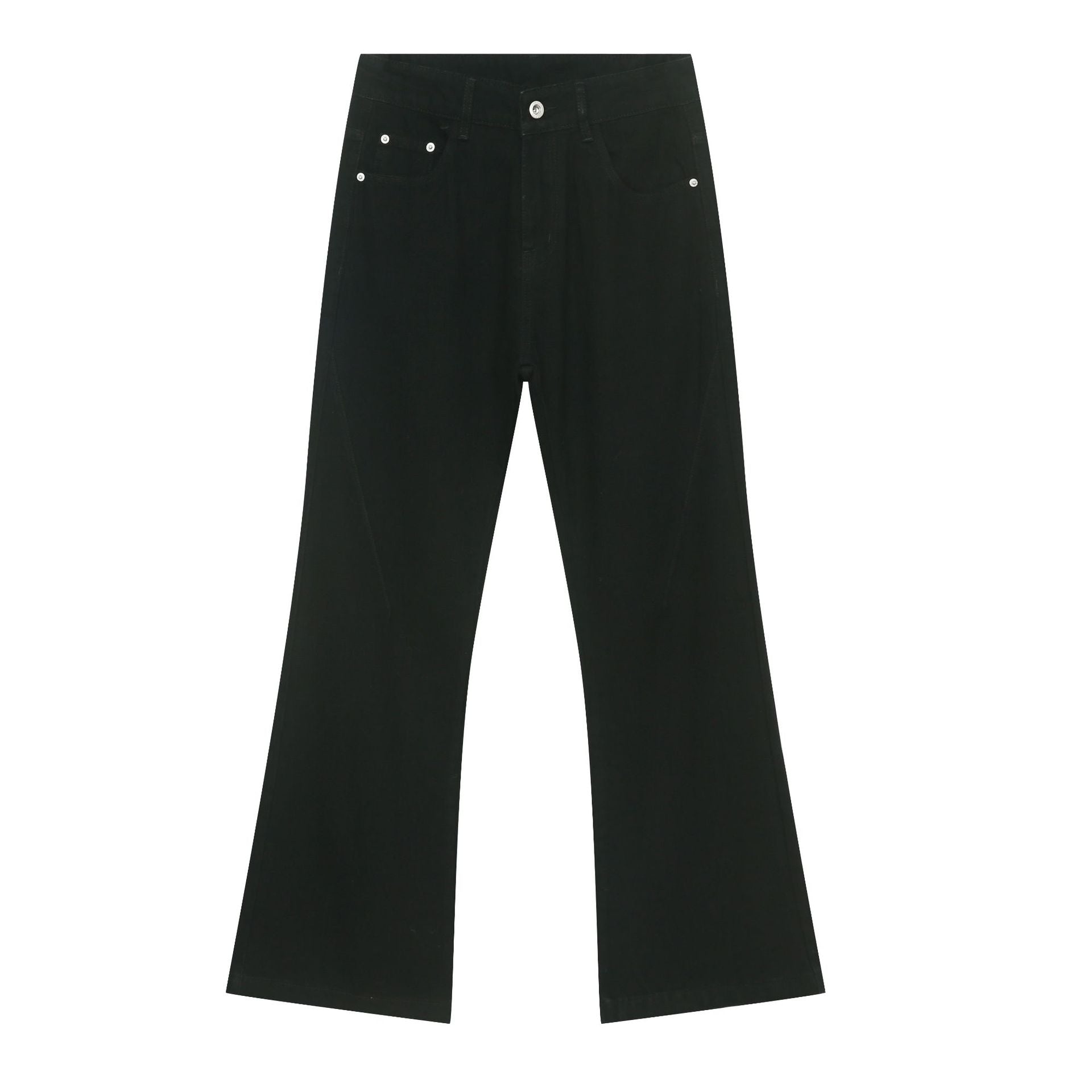Product photo of black wide-leg jeans with classic five-pocket design and boot-cut silhouette