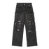 Black distressed cargo jeans with multiple utility pockets and silver button details displayed flat against white background