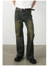 Full-length front view of olive-green wide-leg jeans with diagonal seam details and vintage wash styling, paired with black belt