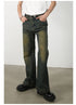 Flat lay product shot of olive-green wide-leg denim pants with classic five-pocket styling, button closure and subtle faded washing
