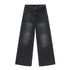 Black wide-leg denim jeans displayed flat showing high-waisted design with five-pocket styling