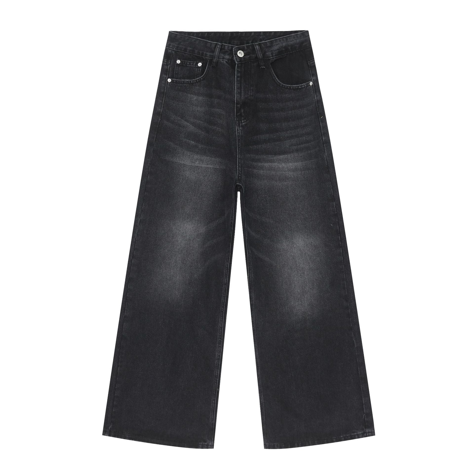 Black wide-leg denim jeans displayed flat showing high-waisted design with five-pocket styling