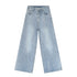Light blue wide-leg denim jeans displayed flat featuring high rise and traditional five-pocket styling