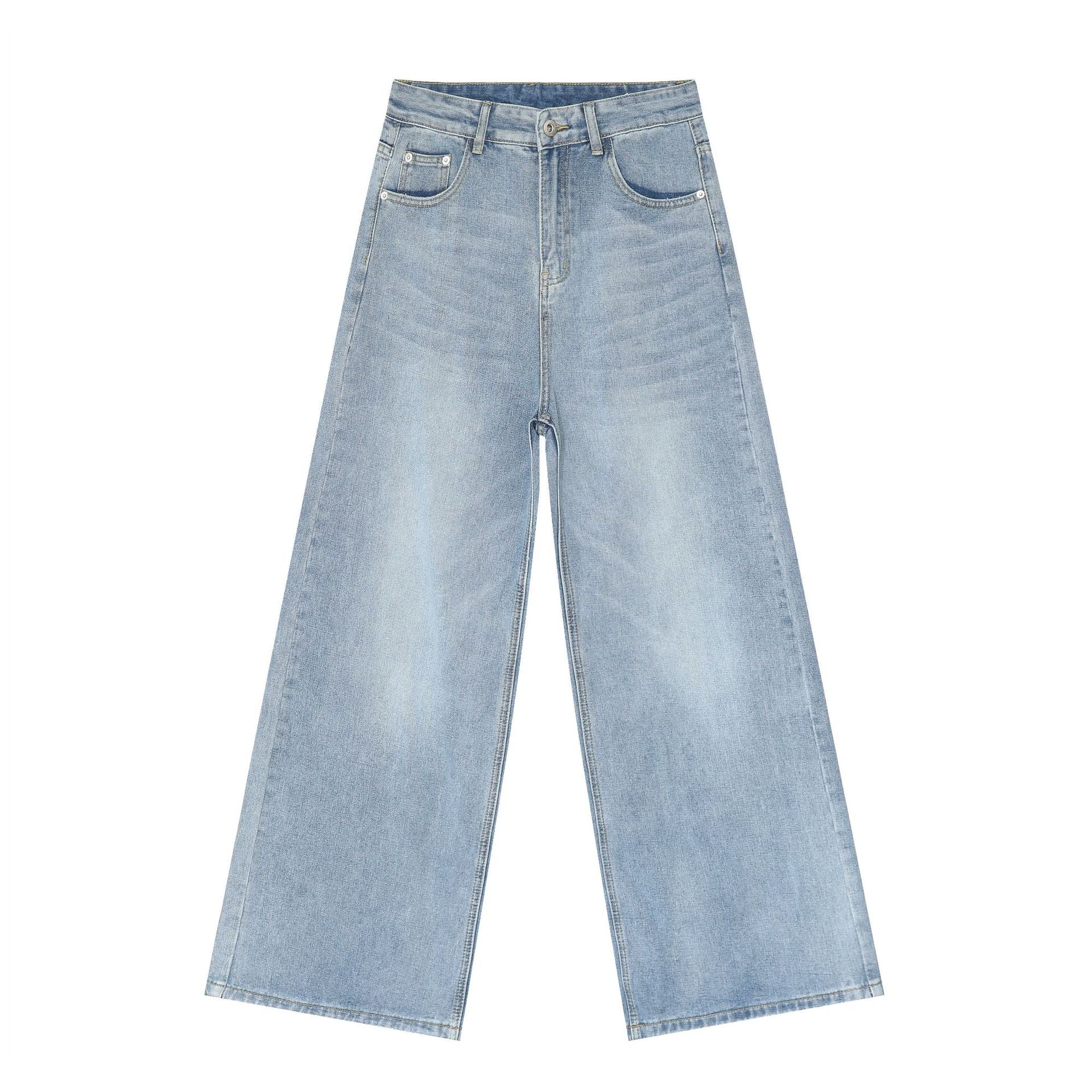 Light blue wide-leg denim jeans displayed flat featuring high rise and traditional five-pocket styling
