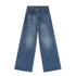 Medium blue wide-leg jeans displayed flat showing classic styling with silver button closure