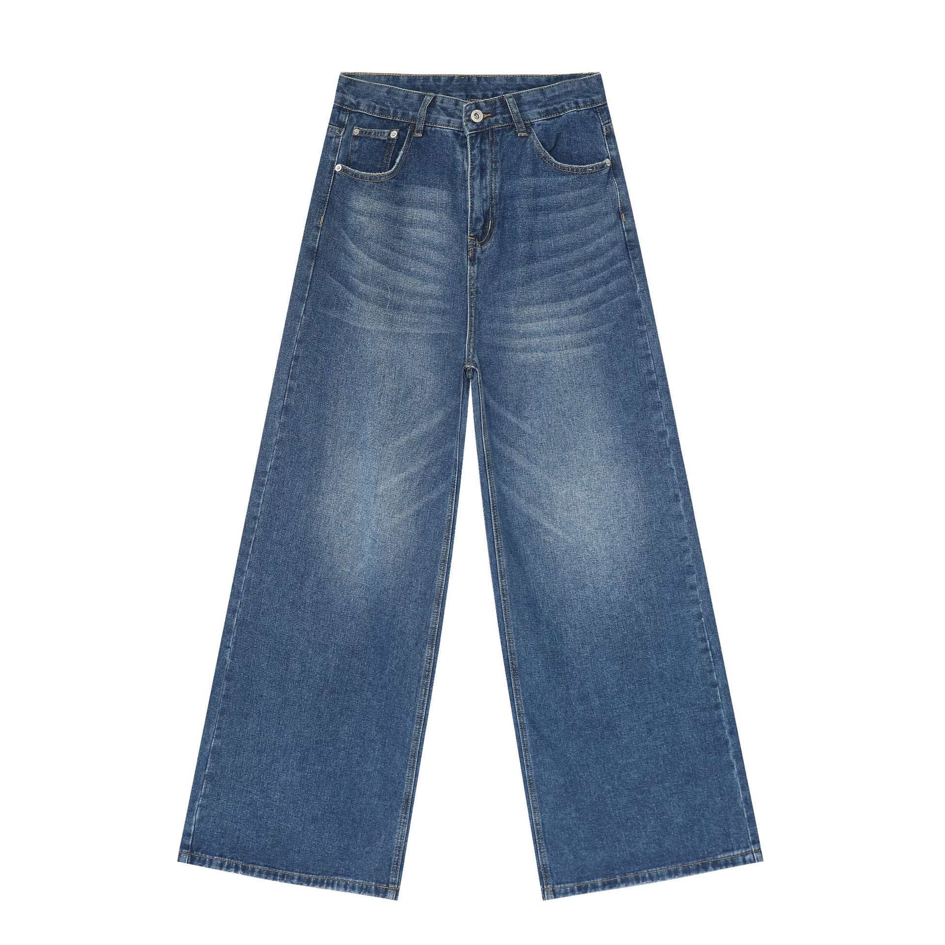 Medium blue wide-leg jeans displayed flat showing classic styling with silver button closure