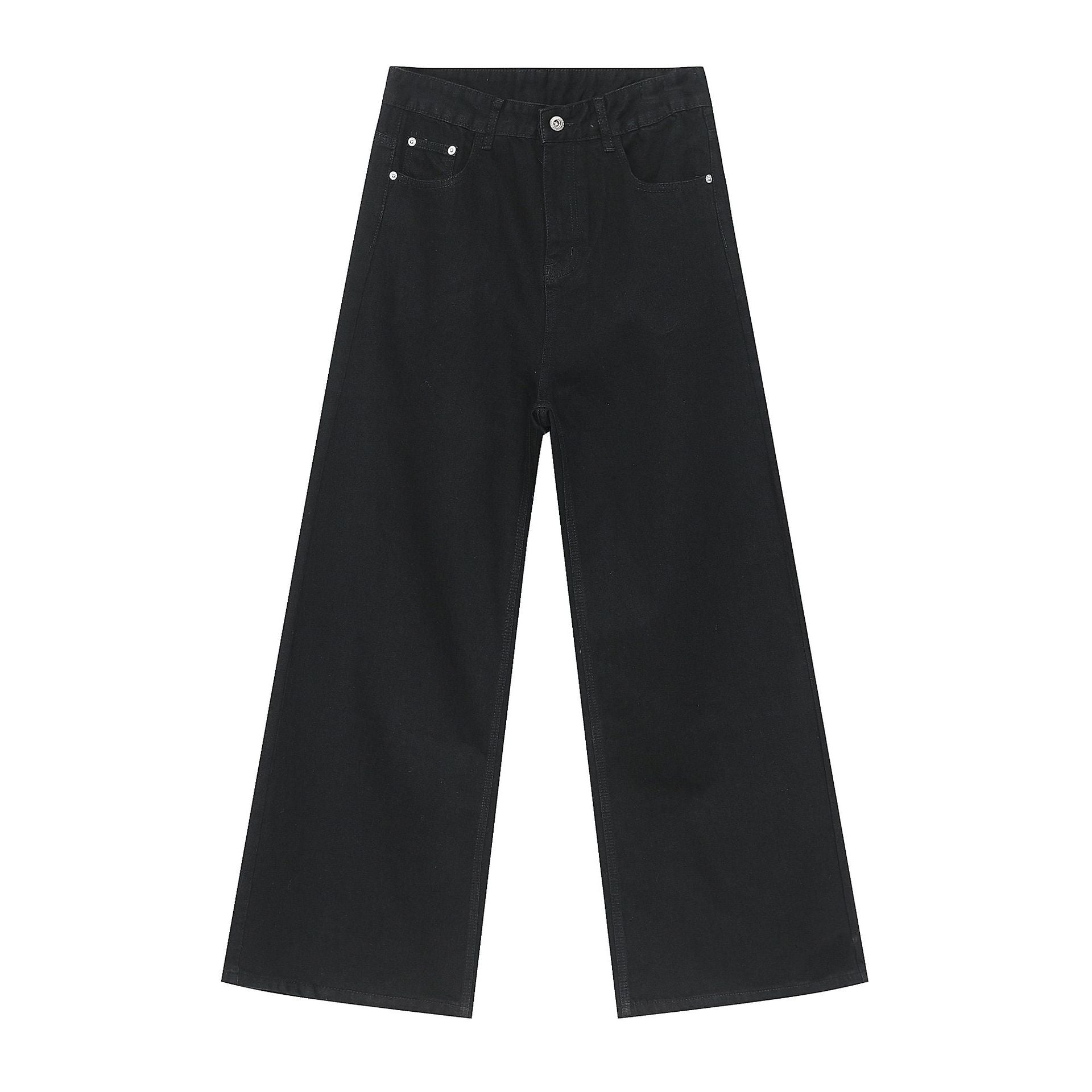 Black high-waisted wide-leg jeans displayed flat with clean silhouette and traditional pocket design