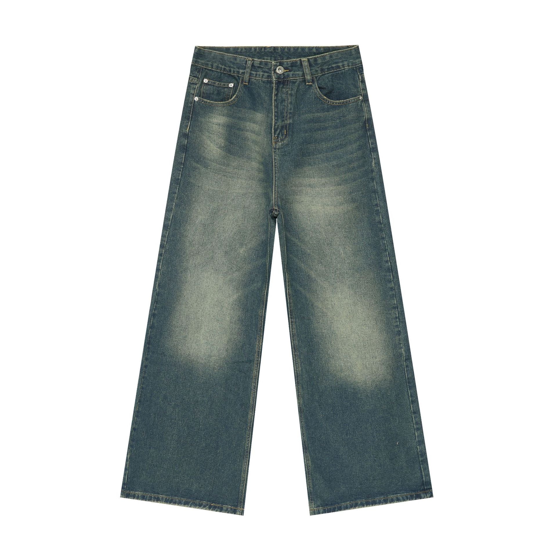 Vintage-wash wide-leg jeans displayed flat showing faded center panels and traditional pocket details