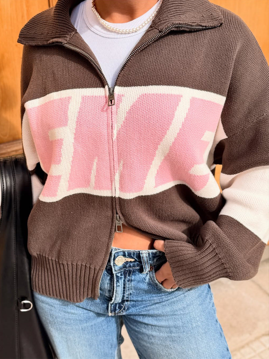 Retro Jacquard Letter Zip Up Sweater – Sporty Colorblock Knit Cardigan