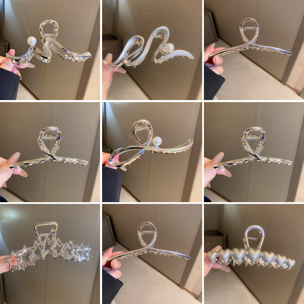 Collection of pearlescent white hair clips with crystal and star embellishments shown at different angles against a beige background