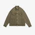 Olive green denim jacket with silver buttons and chest pockets displayed flat against white background