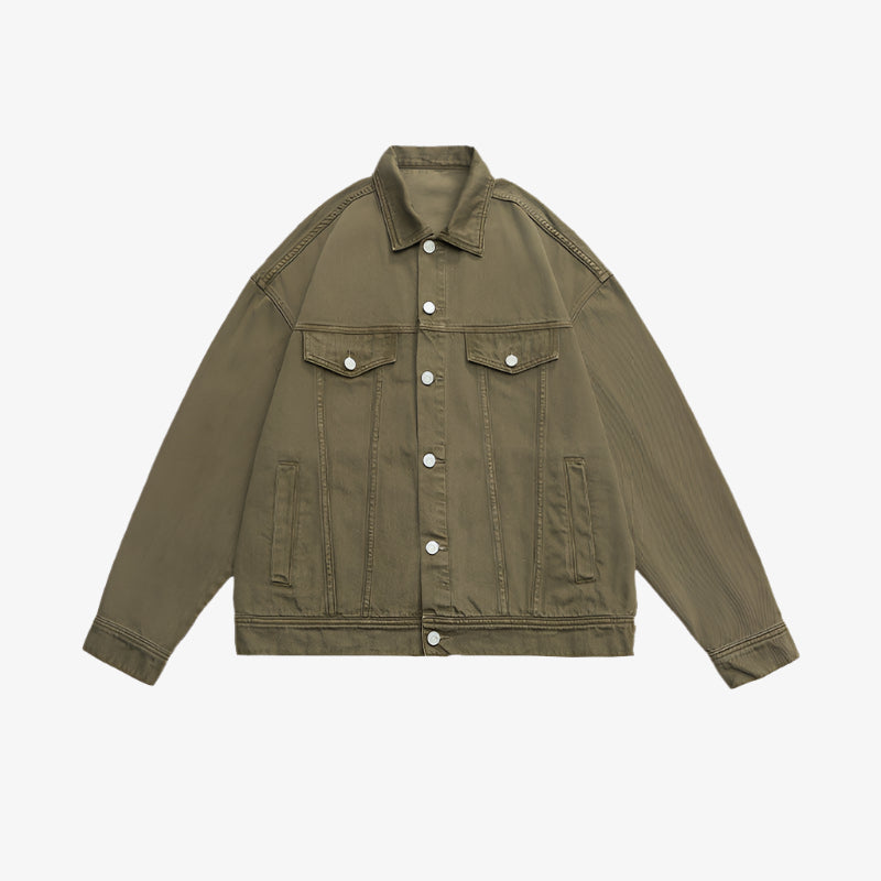 Olive green denim jacket with silver buttons and chest pockets displayed flat against white background
