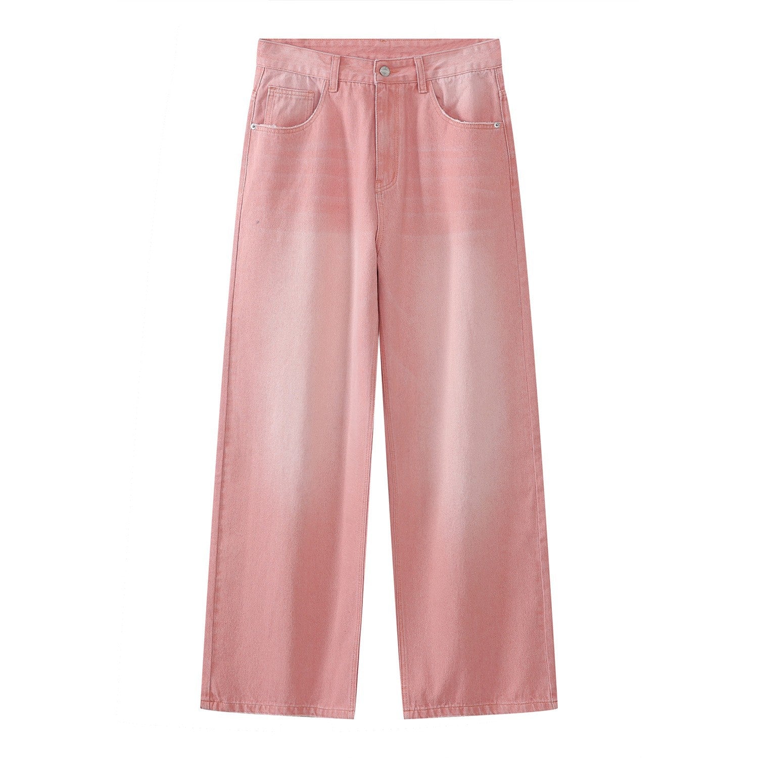 A model is wearing pink high-waisted wide-leg jeans against white background, front view product display