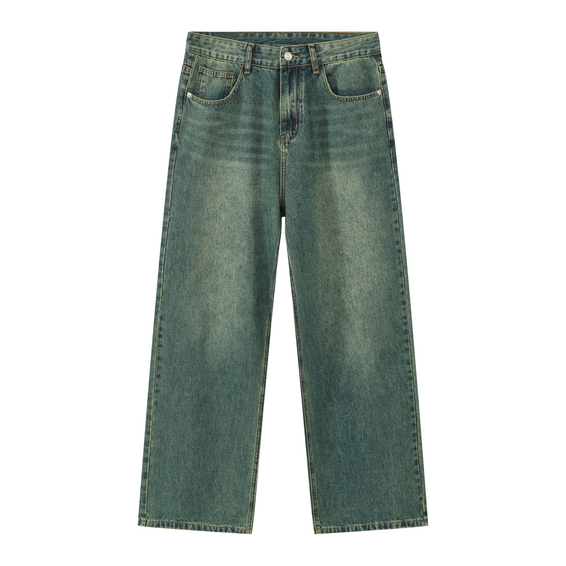 A model is wearing olive green wide-leg denim jeans against white backdrop, front-facing product photography