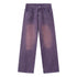A model is wearing purple high-waisted wide-leg jeans with front pockets, displayed against white background